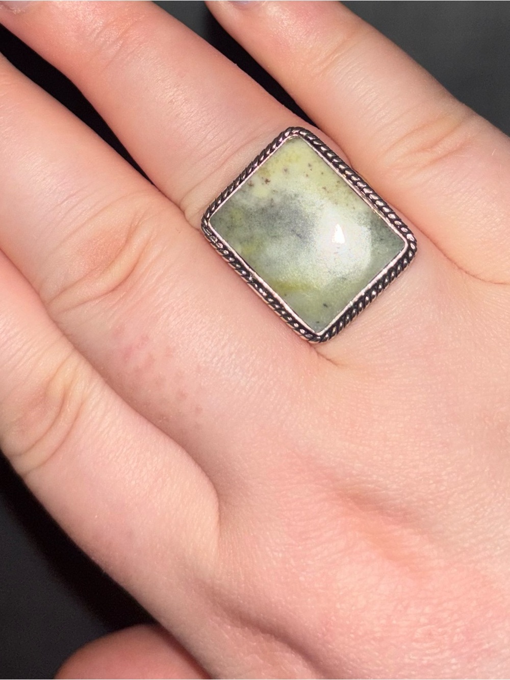 Vintage Green Jasper Stone Silver Ring Size 10